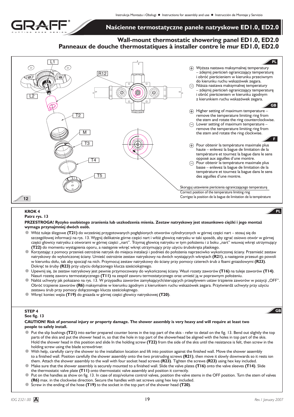 Graff Wall-mount thermostatic showering panel ED1.0, ED2.0 User Manual | Page 19 / 24