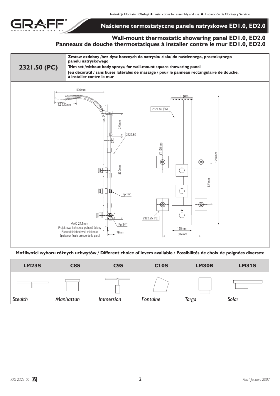 Stealth manhattan immersion fontaine targa solar | Graff Wall-mount thermostatic showering panel ED1.0, ED2.0 User Manual | Page 2 / 24