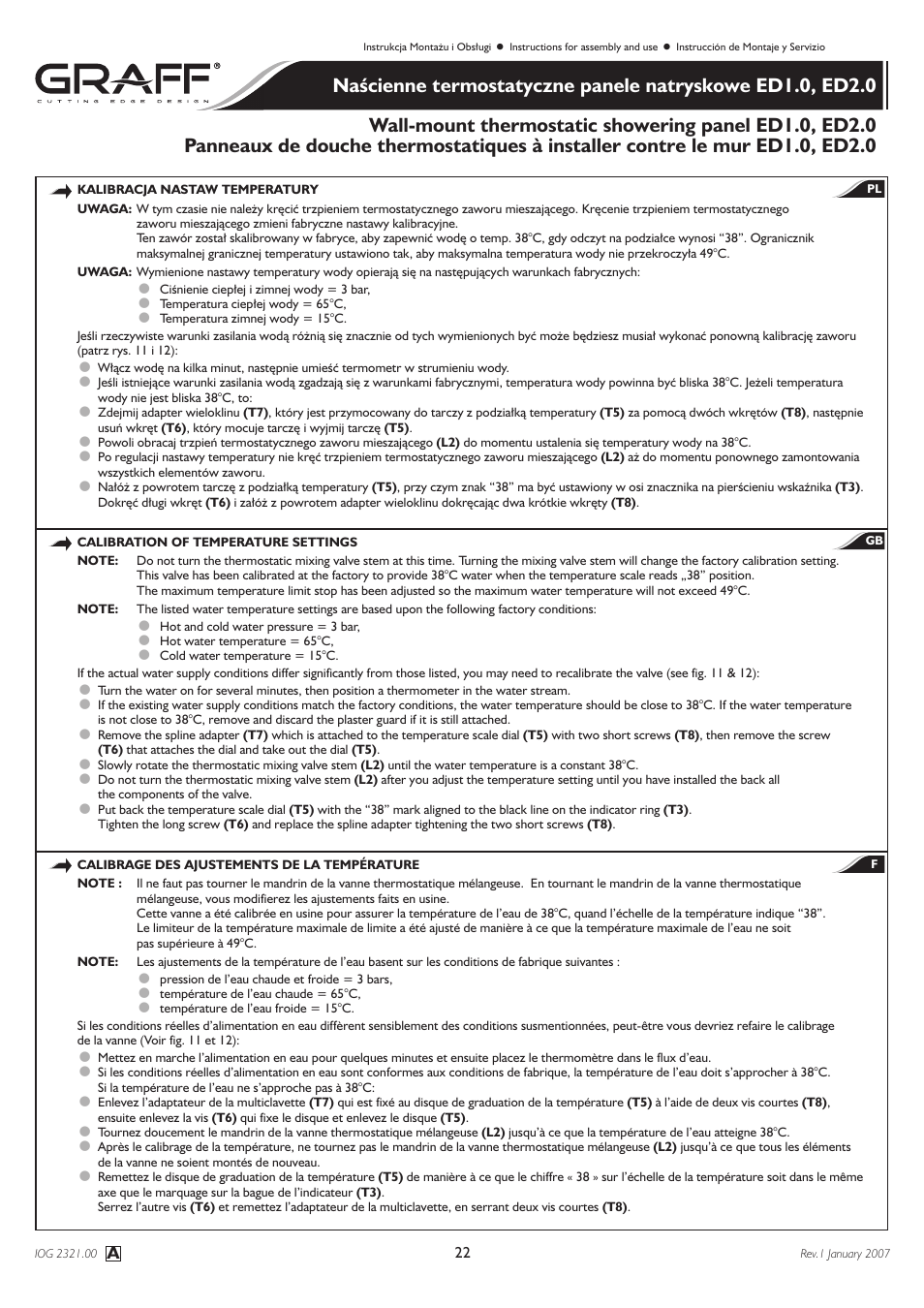 Graff Wall-mount thermostatic showering panel ED1.0, ED2.0 User Manual | Page 22 / 24