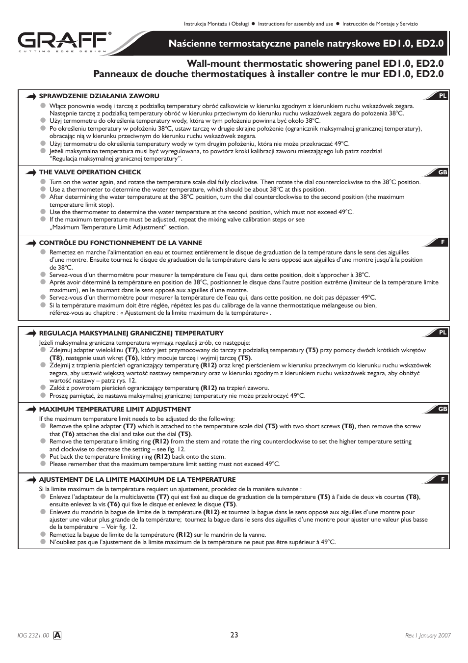 Graff Wall-mount thermostatic showering panel ED1.0, ED2.0 User Manual | Page 23 / 24
