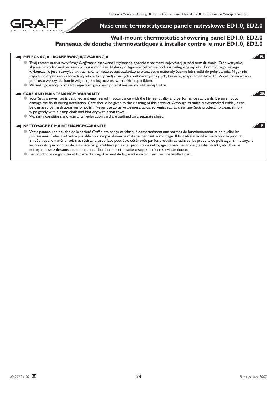 Graff Wall-mount thermostatic showering panel ED1.0, ED2.0 User Manual | Page 24 / 24