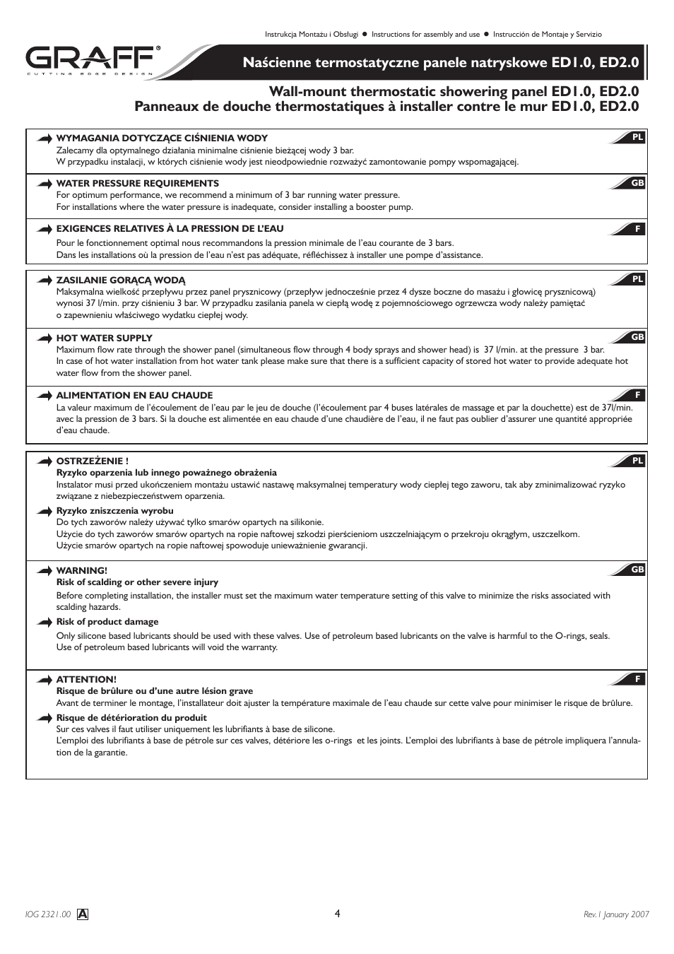 Graff Wall-mount thermostatic showering panel ED1.0, ED2.0 User Manual | Page 4 / 24