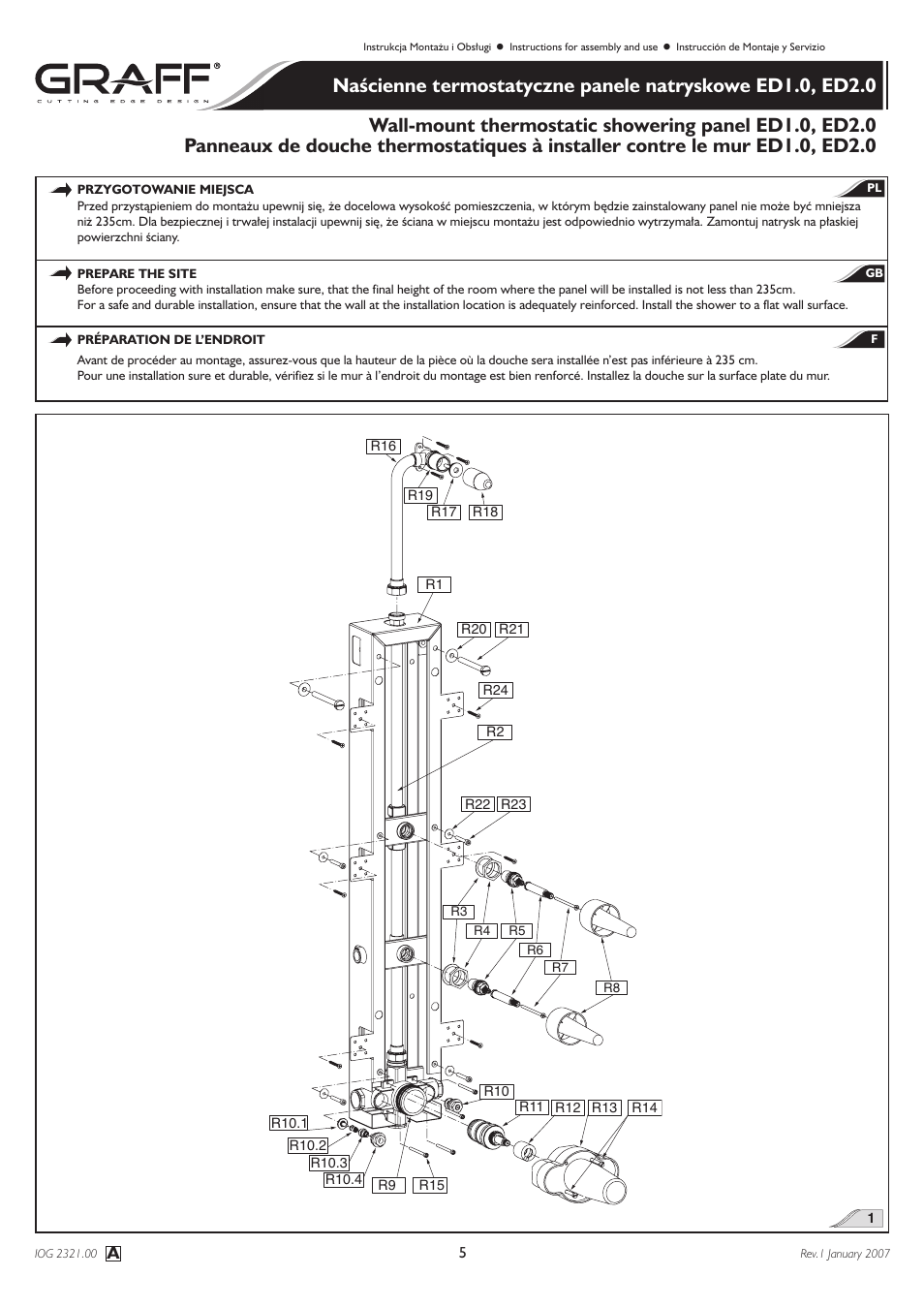 Graff Wall-mount thermostatic showering panel ED1.0, ED2.0 User Manual | Page 5 / 24