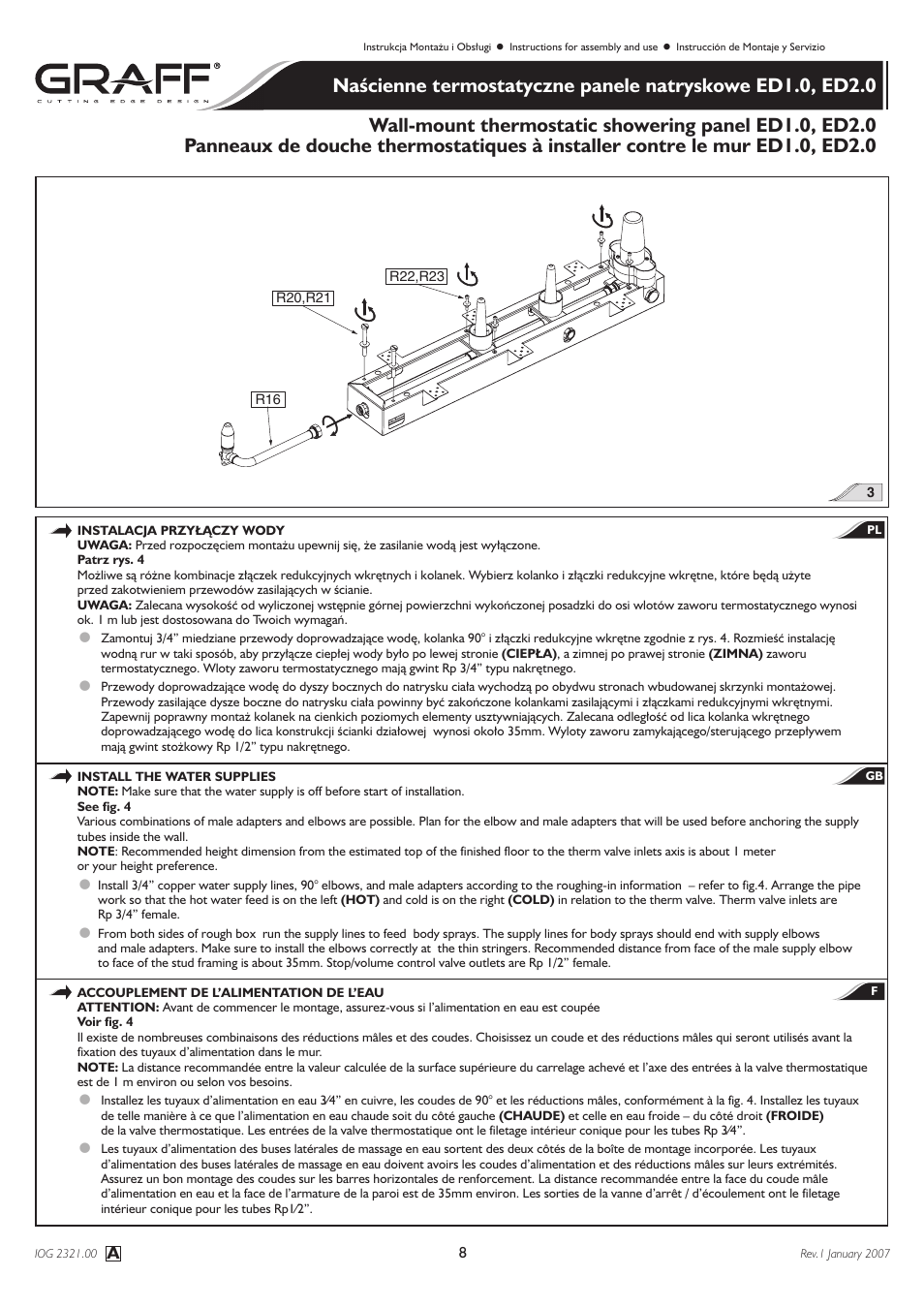 Graff Wall-mount thermostatic showering panel ED1.0, ED2.0 User Manual | Page 8 / 24
