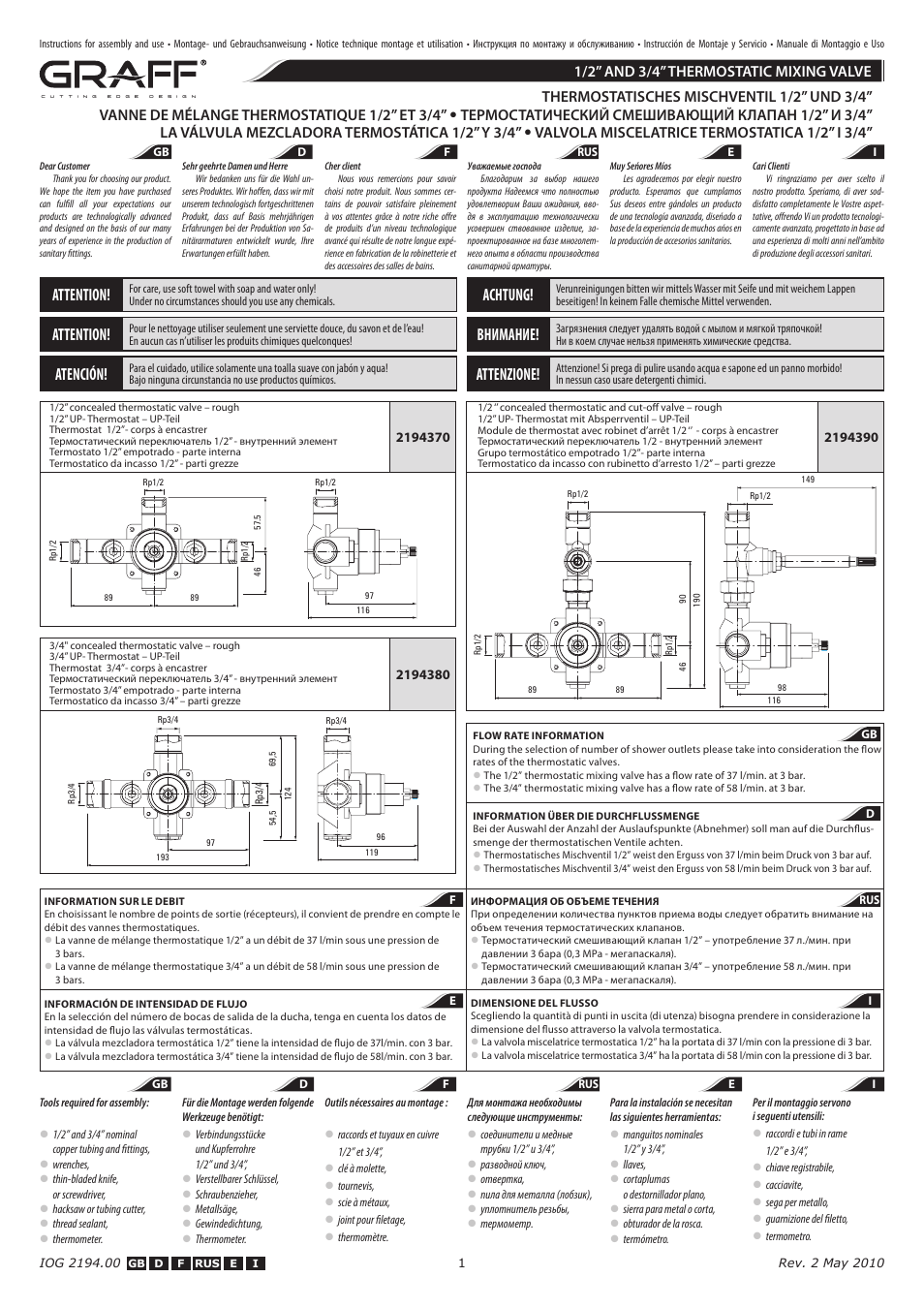 Graff 1/2” AND 3/4” THERMOSTATIC MIXING VALVE User Manual | 14 pages