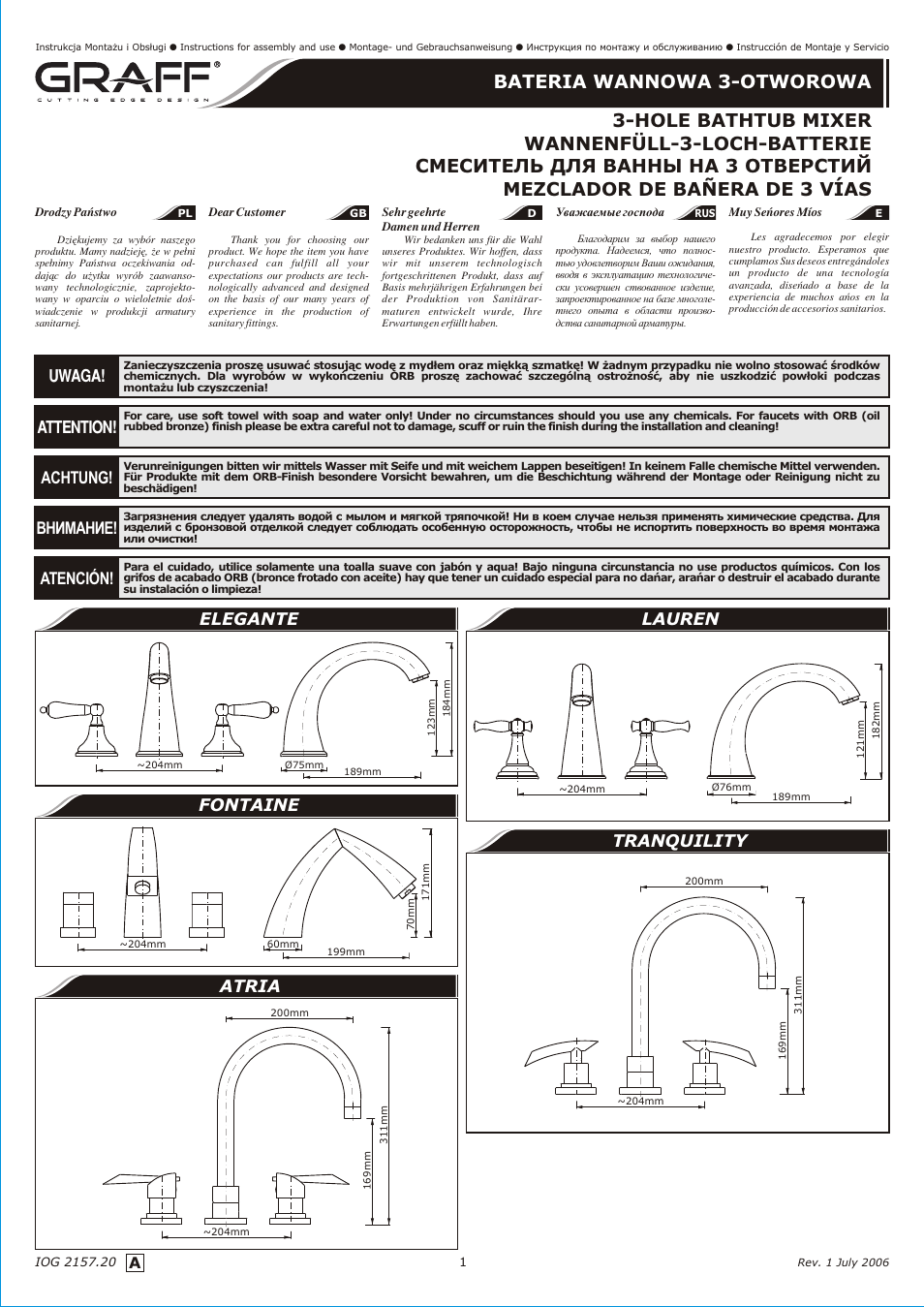 Graff 3-HOLE BATHTUB MIXER User Manual | 9 pages