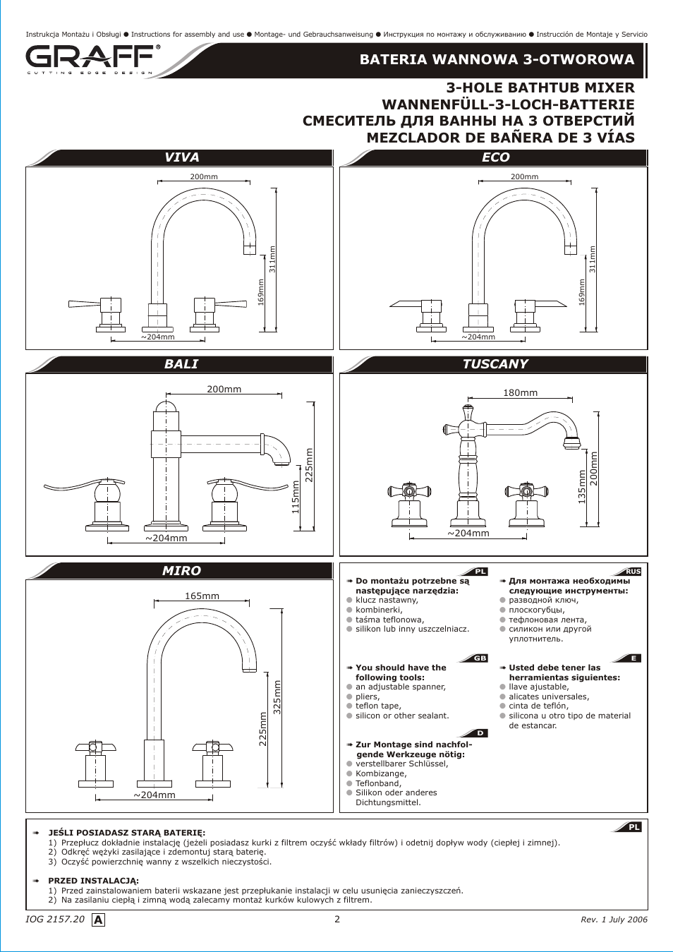 Viva bali miro eco tuscany | Graff 3-HOLE BATHTUB MIXER User Manual | Page 2 / 9