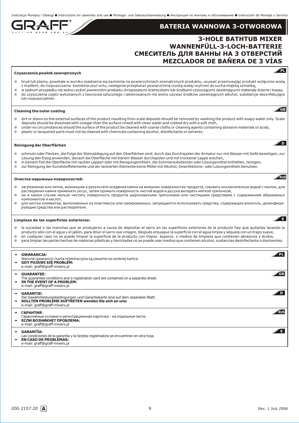 Graff 3-HOLE BATHTUB MIXER User Manual | Page 9 / 9