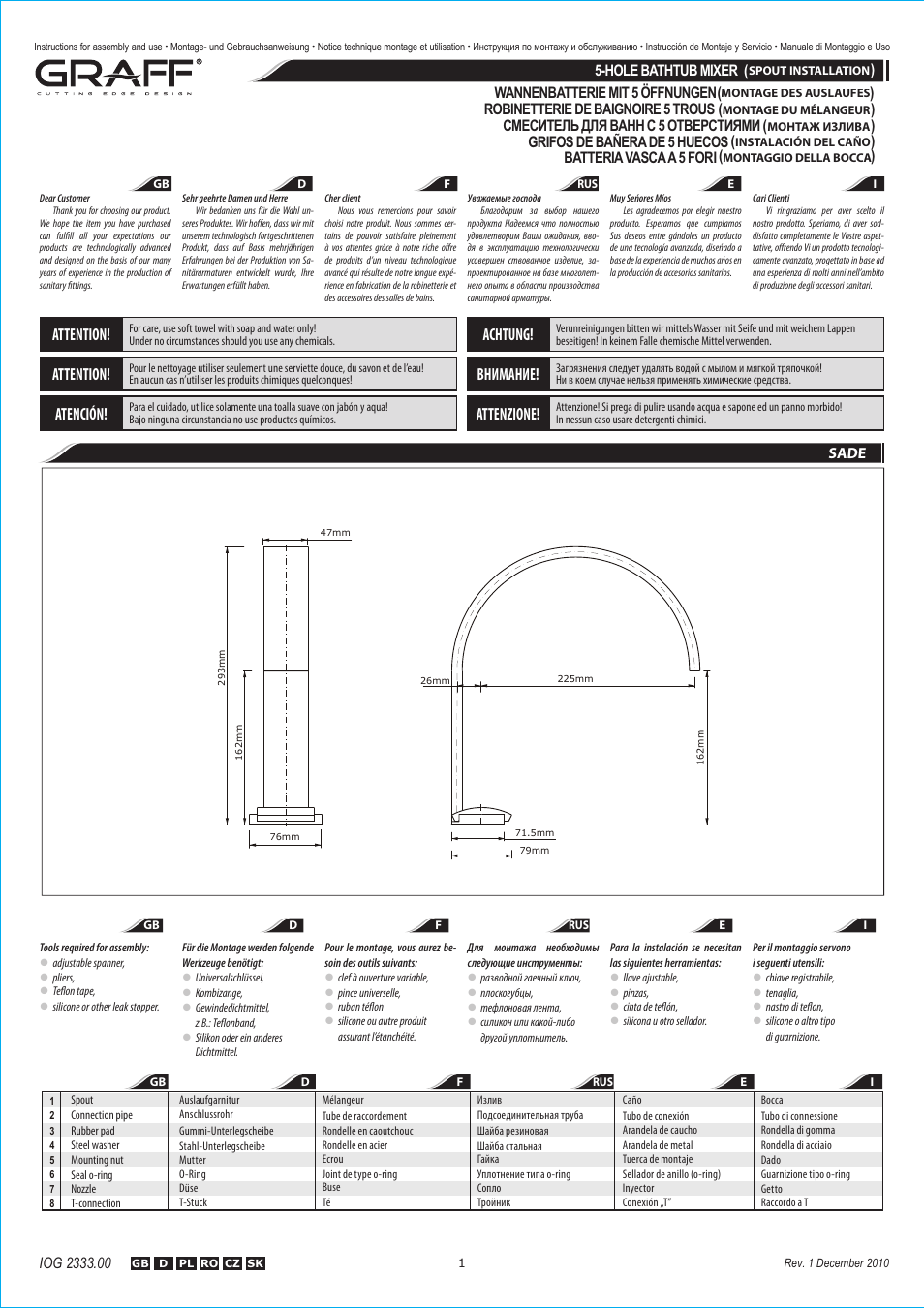 Graff 5-HOLE BATHTUB MIXER (SPOUT INSTALLATION) User Manual | 4 pages
