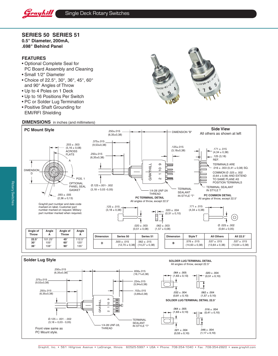 Grayhill Single Deck Rotary Switches 51 Series User Manual | 7 pages