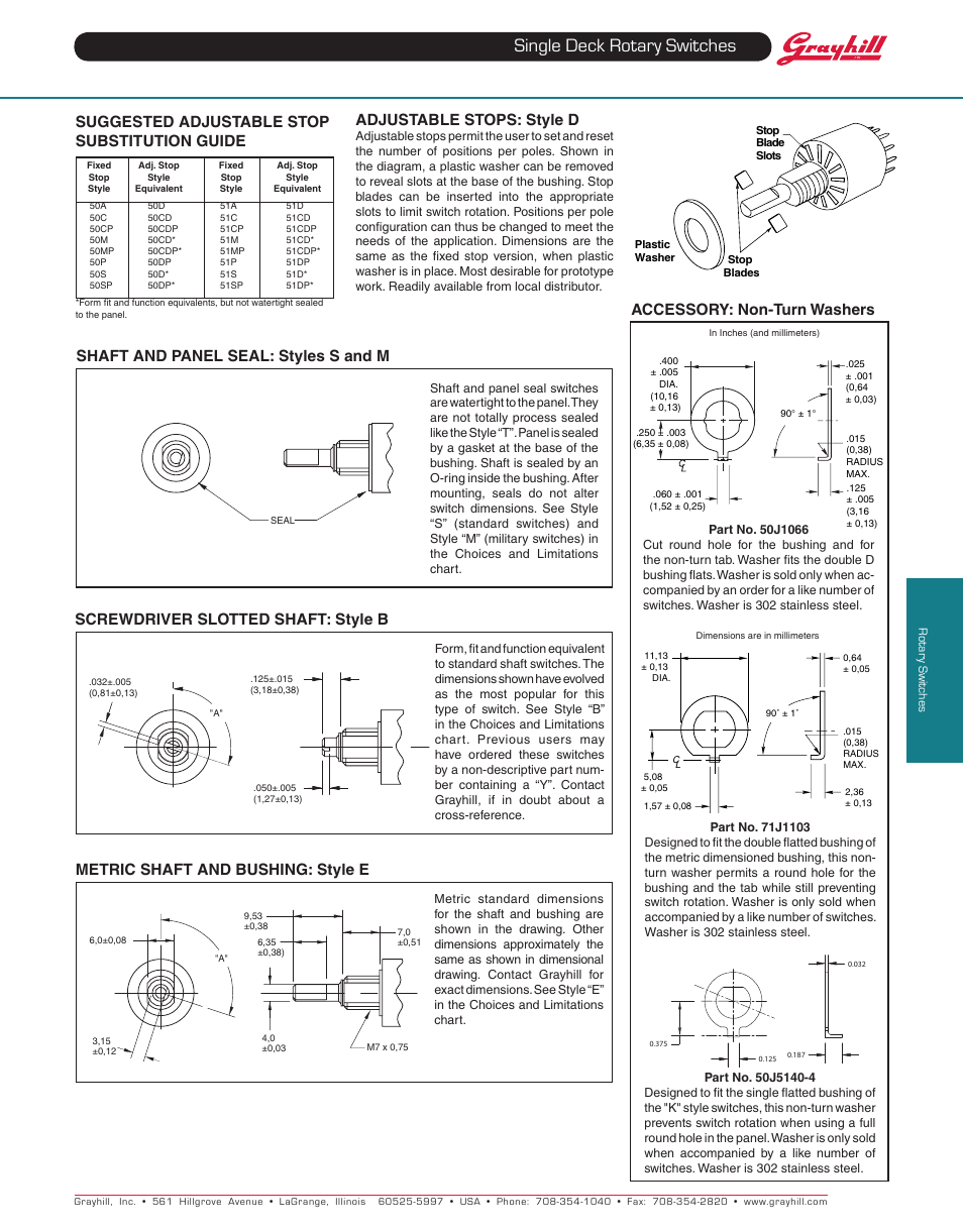 Single deck rotary switches, Adjustable stops: style d, Metric shaft and bushing: style e | Suggested adjustable stop substitution guide, Accessory: non-turn washers | Grayhill Single Deck Rotary Switches 51 Series User Manual | Page 4 / 7