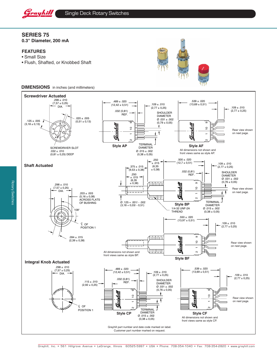 Grayhill Single Deck Rotary Switches 75 Series User Manual | 2 pages