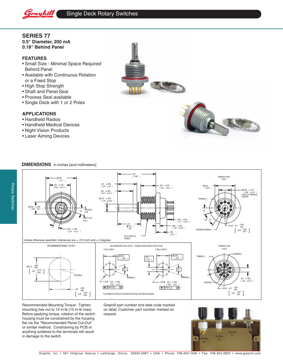 Grayhill Single Deck Rotary Switches 55 Series User Manual | 2 pages