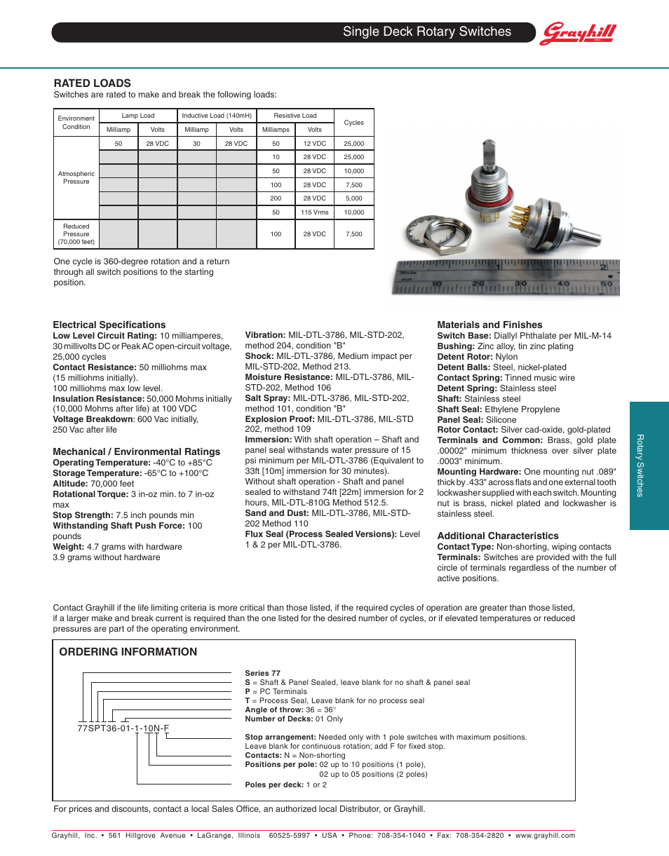 Single deck rotary switches, Ordering information, Rated loads | Electrical specifications, Mechanical / environmental ratings, Materials and finishes, Additional characteristics | Grayhill Single Deck Rotary Switches 55 Series User Manual | Page 2 / 2