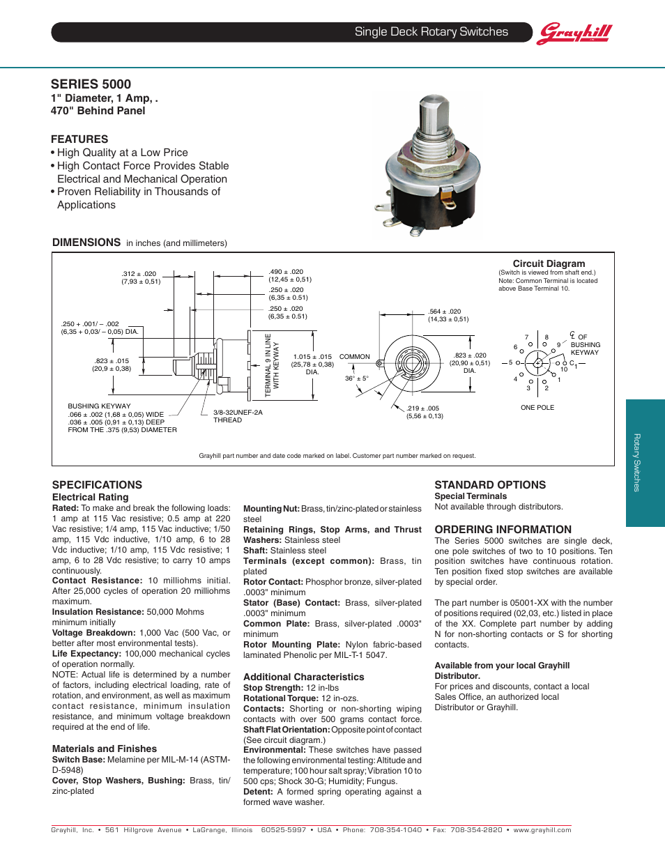 Grayhill Single Deck Rotary Switches 5000 Series User Manual | 1 page