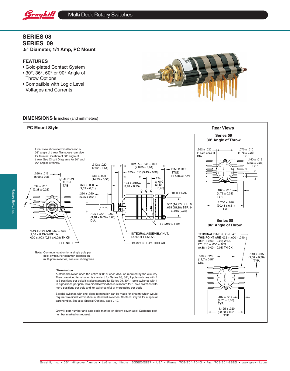 Multi-deck rotary switches, Series 08 series 09, Dimensions i | 5" diameter, 1/4 amp, pc mount, Pc mount style, Rear views | Grayhill Multi-Deck Rotary Switches 09 Series User Manual | Page 3 / 6