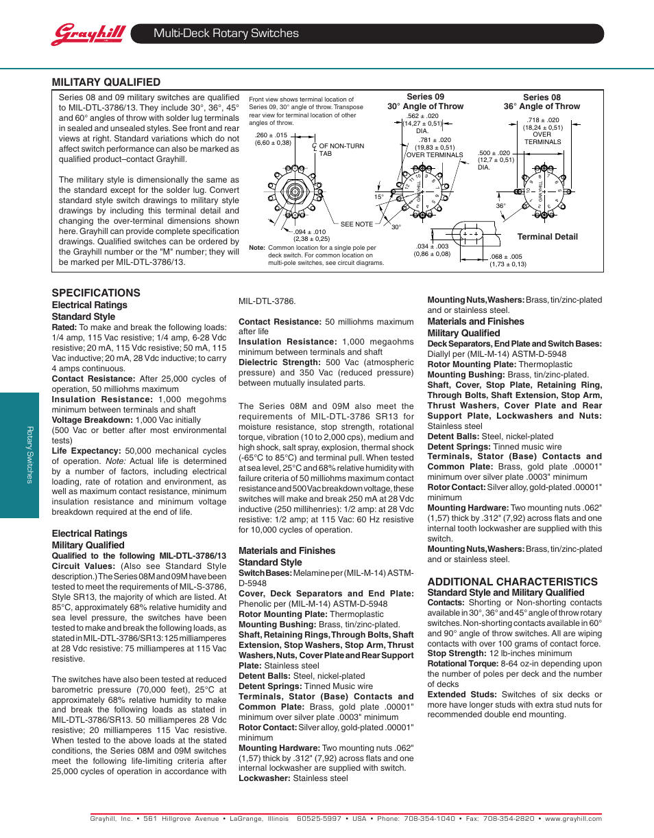 Multi-deck rotary switches, Military qualified, Additional characteristics | Specifications, Materials and finishes military qualified, Standard style and military qualified, Materials and finishes standard style, Electrical ratings standard style, Electrical ratings military qualified | Grayhill Multi-Deck Rotary Switches 09 Series User Manual | Page 5 / 6