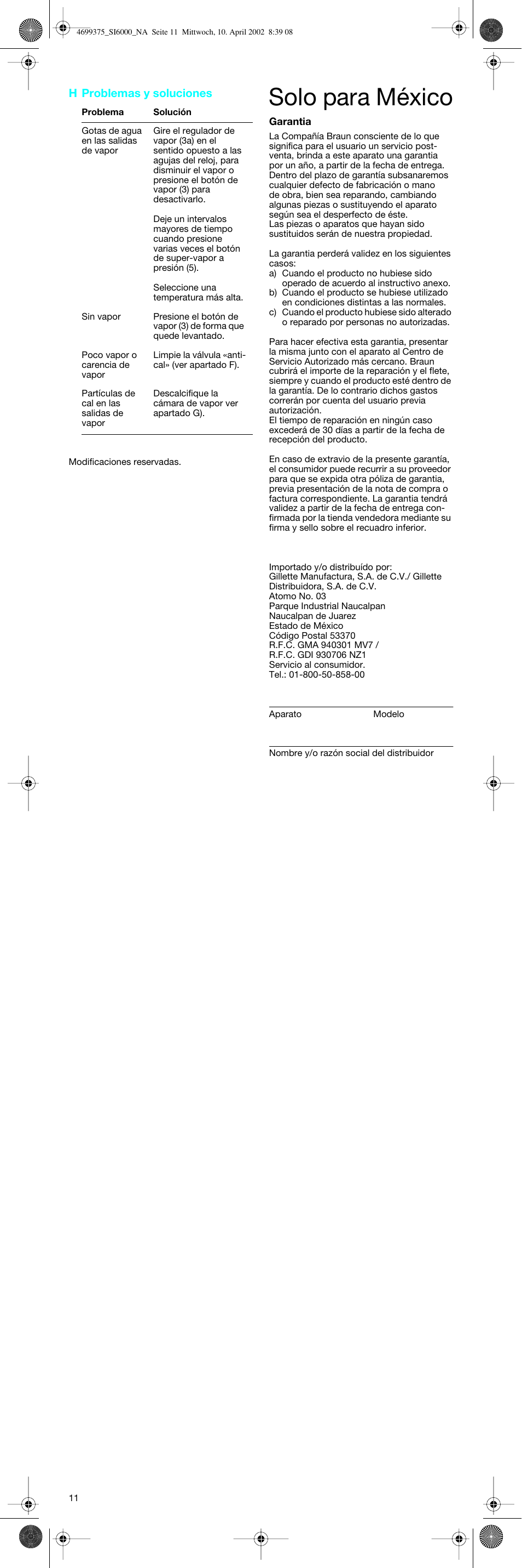 Solo para méxico, H problemas y soluciones | Braun 4694 User Manual | Page 11 / 12