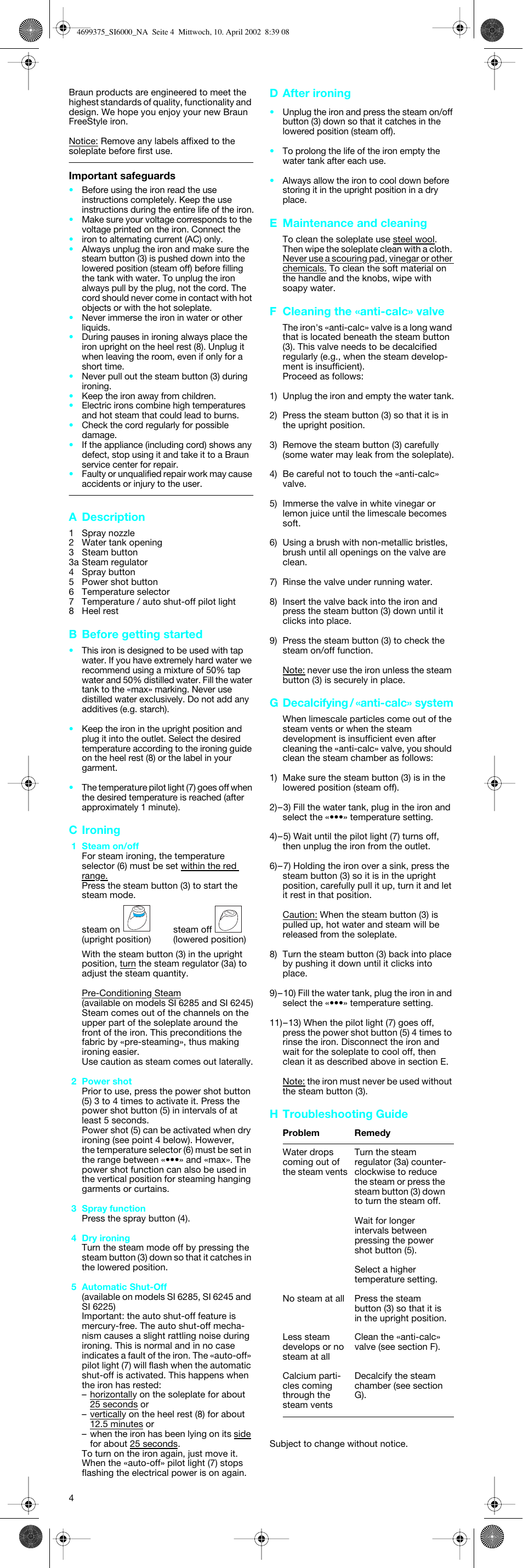 A description, B before getting started, C ironing | D after ironing, E maintenance and cleaning, F cleaning the «anti-calc» valve, G decalcifying / «anti-calc» system, H troubleshooting guide | Braun 4694 User Manual | Page 4 / 12