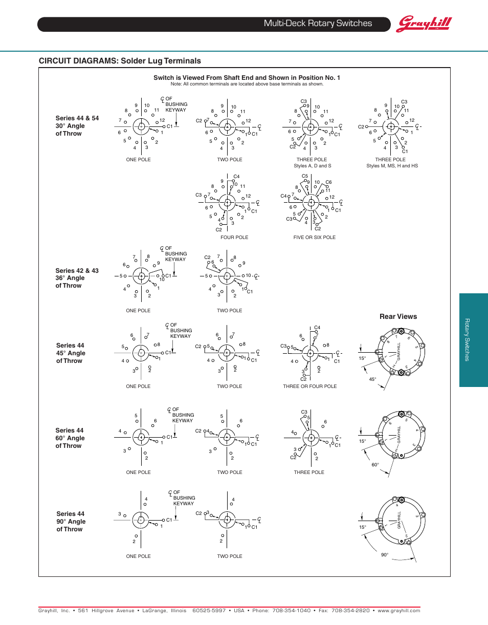 Multi-deck rotary switches, Circuit diagrams: solder lug terminals, Rear views | Grayhill Multi-Deck Rotary Switches 54 Series User Manual | Page 2 / 10