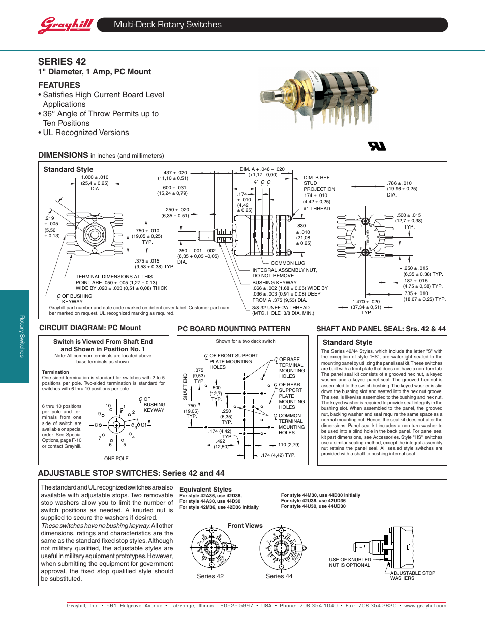 Multi-deck rotary switches, Series 42, Adjustable stop switches: series 42 and 44 | Dimensions, 1" diameter, 1 amp, pc mount, Pc board mounting pattern, Circuit diagram: pc mount, Standard style, Shaft and panel seal: srs. 42 & 44 standard style | Grayhill Multi-Deck Rotary Switches 54 Series User Manual | Page 3 / 10