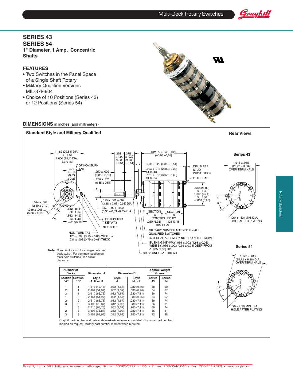 Multi-deck rotary switches, Series 43 series 54, Dimensions | Standard style and military qualified, Rear views | Grayhill Multi-Deck Rotary Switches 54 Series User Manual | Page 4 / 10