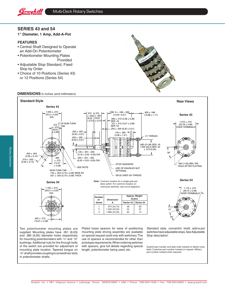 Multi-deck rotary switches series 43 and 54, Dimensions, Standard style | Rear views | Grayhill Multi-Deck Rotary Switches 54 Series User Manual | Page 5 / 10