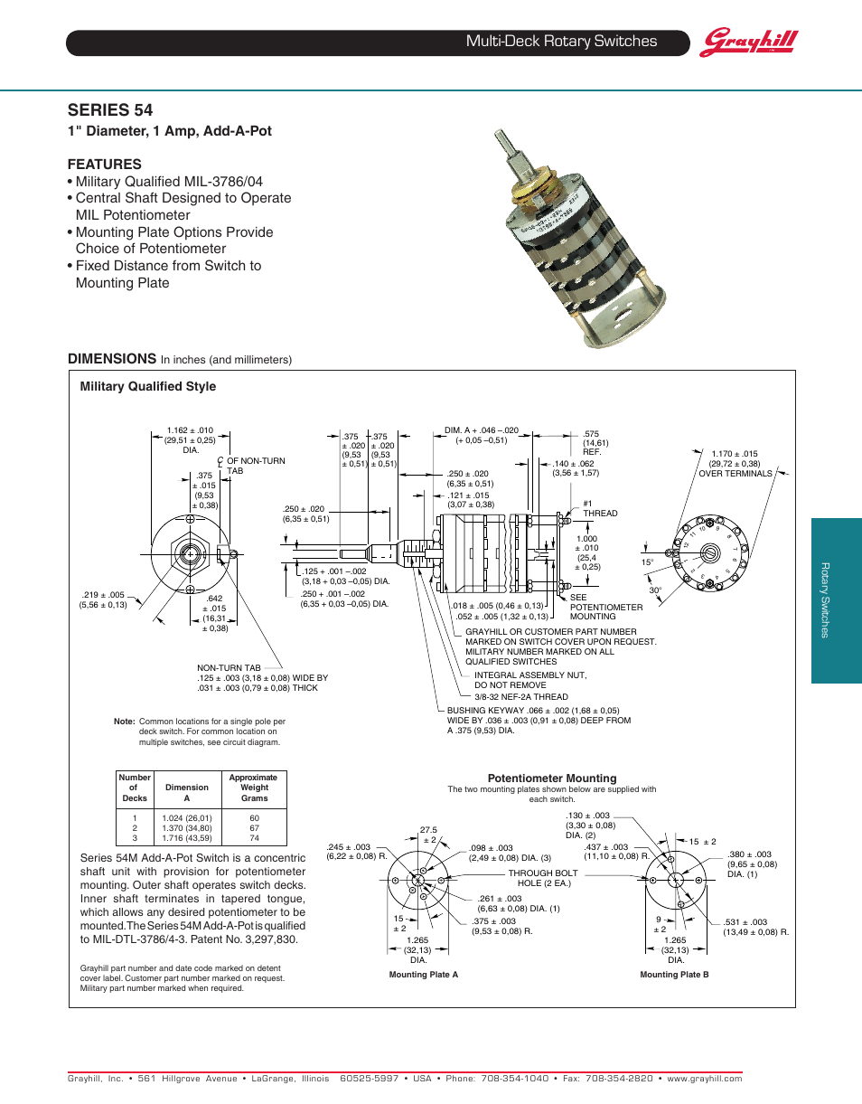 Multi-deck rotary switches series 54, Dimensions, Military qualified style | Grayhill Multi-Deck Rotary Switches 54 Series User Manual | Page 6 / 10