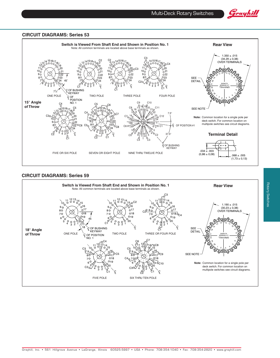 Multi-deck rotary switches, Circuit diagrams: series 53, Circuit diagrams: series 59 | Rear view, Terminal detail | Grayhill Multi-Deck Rotary Switches 59 Series User Manual | Page 2 / 4