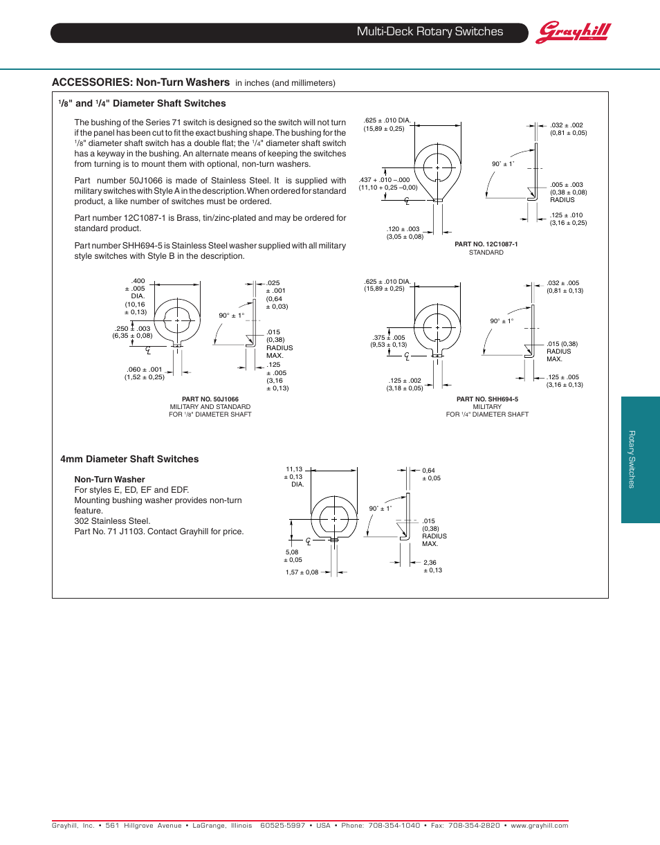 Multi-deck rotary switches, Accessories: non-turn washers, Diameter shaft switches | 4mm diameter shaft switches | Grayhill Multi-Deck Rotary Switches 71 Series User Manual | Page 12 / 14