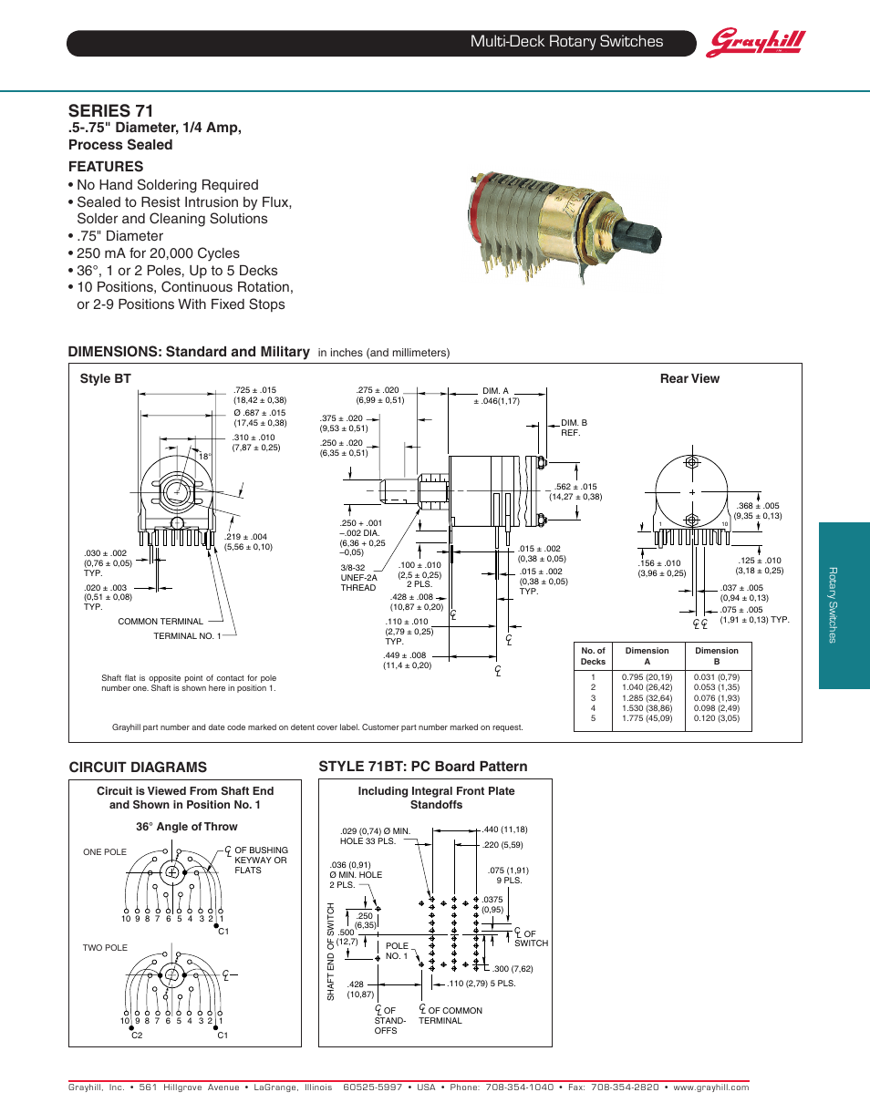 Multi-deck rotary switches, Series 71, Dimensions: standard and military | Circuit diagrams, Style 71bt: pc board pattern, 5 " diameter, 1/4 amp, process sealed features, Rear view style bt | Grayhill Multi-Deck Rotary Switches 71 Series User Manual | Page 6 / 14