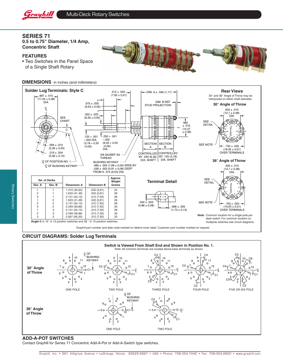 Multi-deck rotary switches series 71, Add-a-pot switches, Solder lug terminals: style c rear views | Terminal detail | Grayhill Multi-Deck Rotary Switches 71 Series User Manual | Page 7 / 14