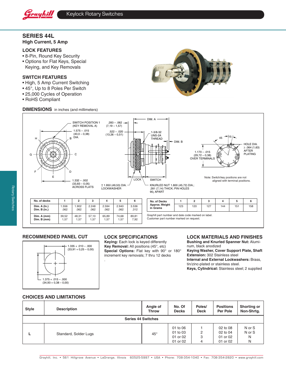 Grayhill Keylock Switches 44L Series User Manual | 2 pages