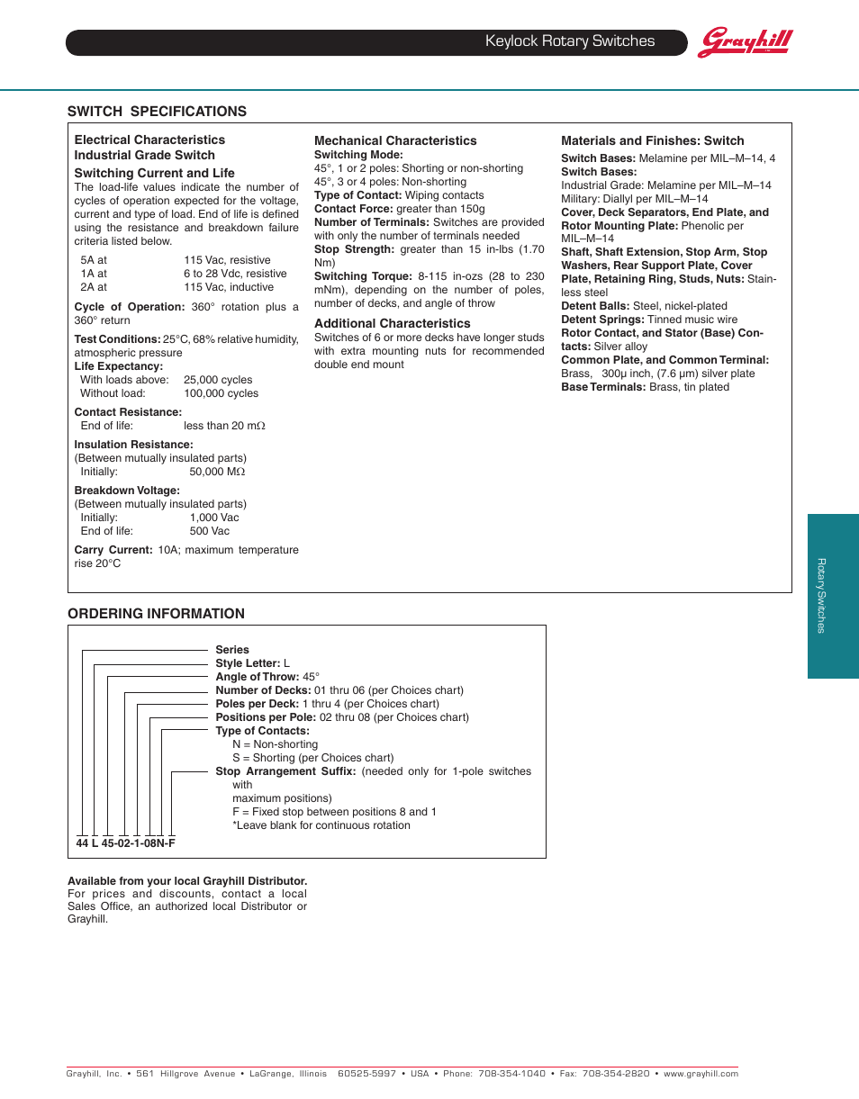 Keylock rotary switches | Grayhill Keylock Switches 44L Series User Manual | Page 2 / 2