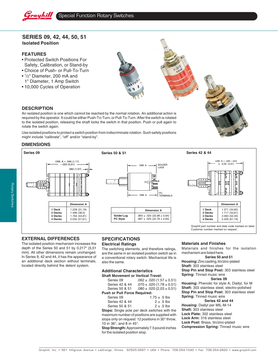 Special function rotary switches, Dimensions specifications, Description | External differences, Isolated position | Grayhill Special Function Rotary Switches 50 Series User Manual | Page 3 / 4