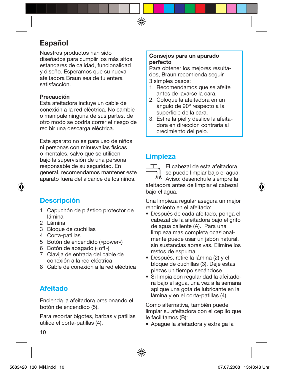 Español, Descripción, Afeitado | Limpieza | Braun practica 130 User Manual | Page 10 / 30