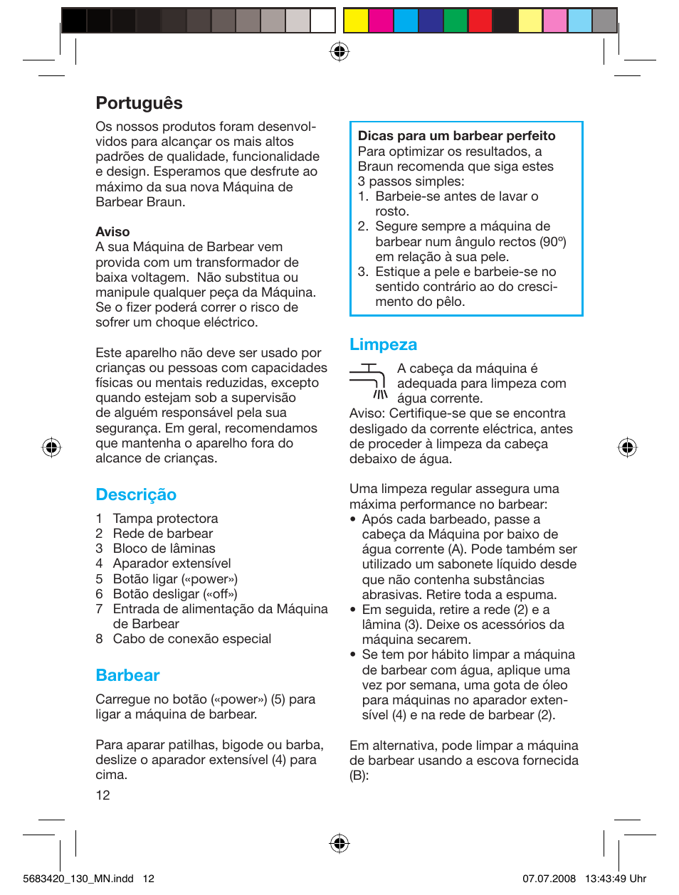 Português, Descrição, Barbear | Limpeza | Braun practica 130 User Manual | Page 12 / 30