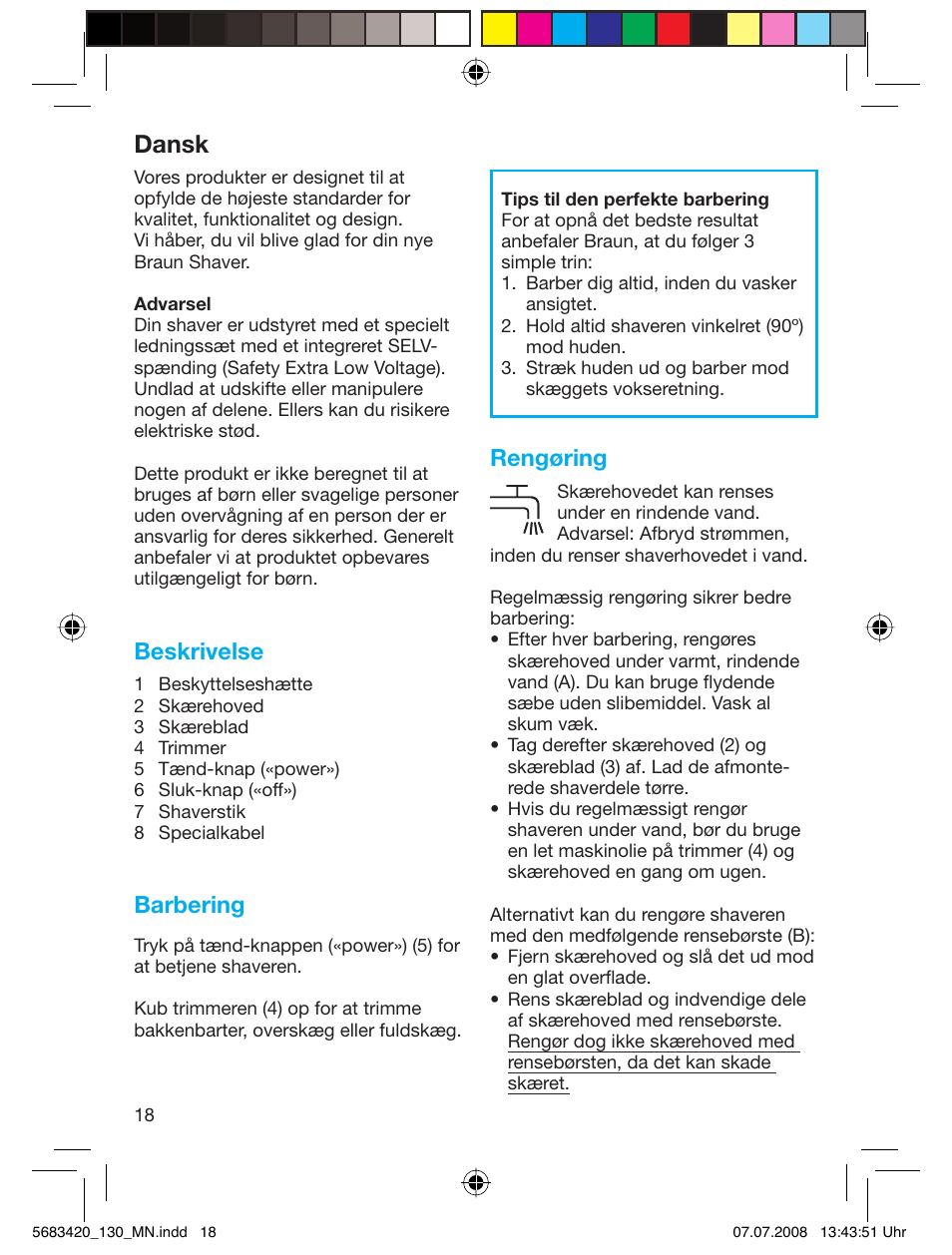 Dansk, Beskrivelse, Barbering | Rengøring | Braun practica 130 User Manual | Page 18 / 30