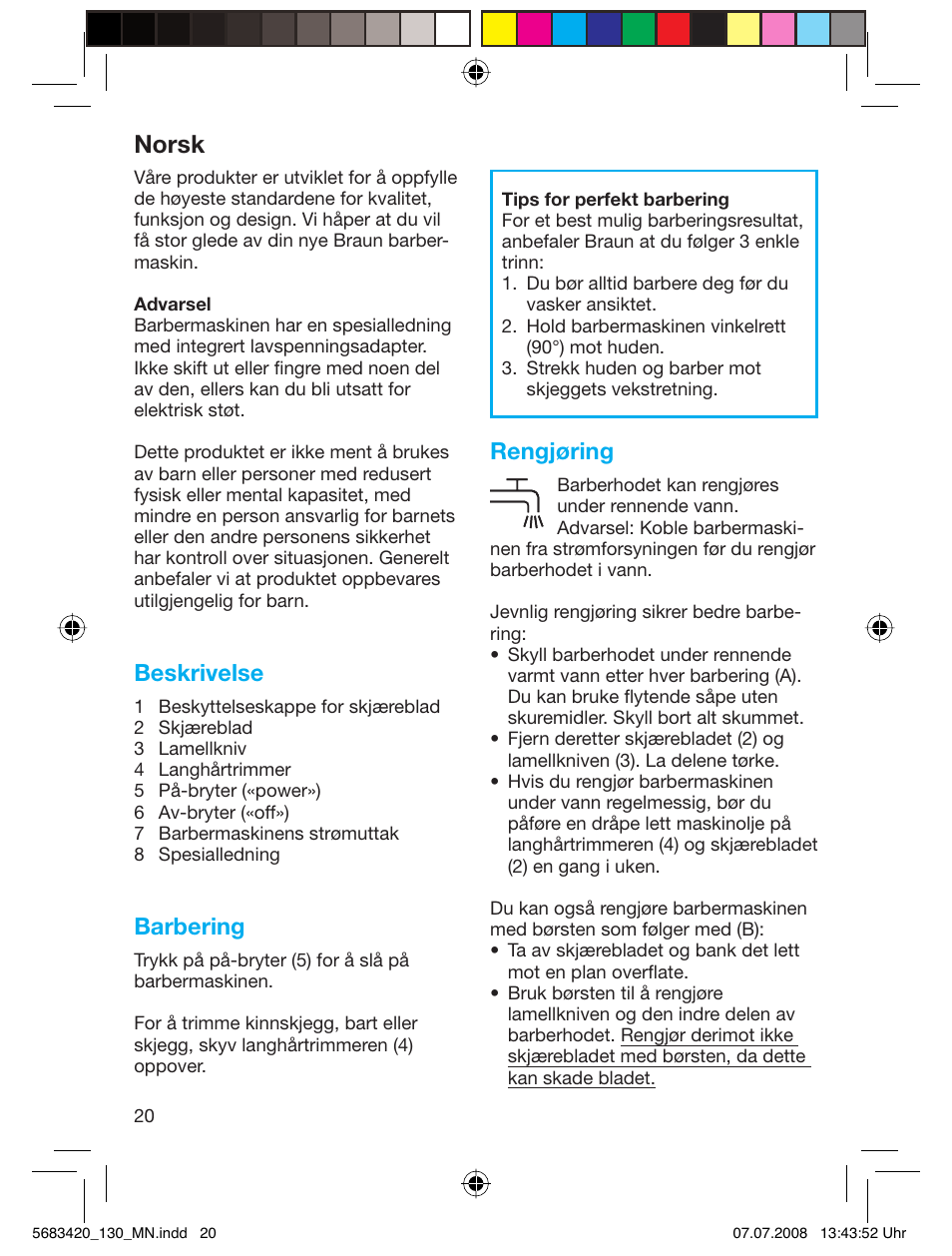 Norsk, Beskrivelse, Barbering | Rengjøring | Braun practica 130 User Manual | Page 20 / 30