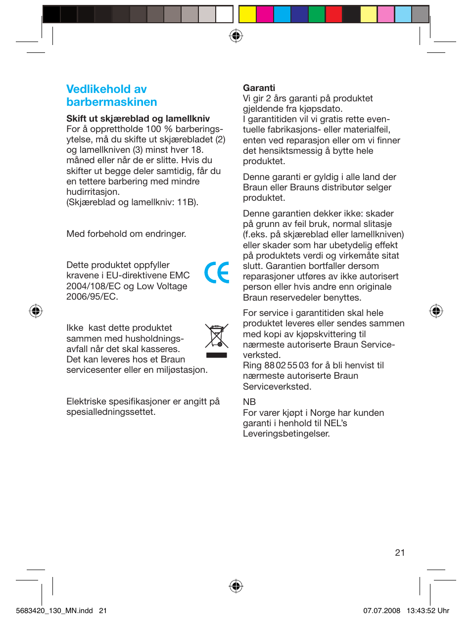 Vedlikehold av barbermaskinen | Braun practica 130 User Manual | Page 21 / 30