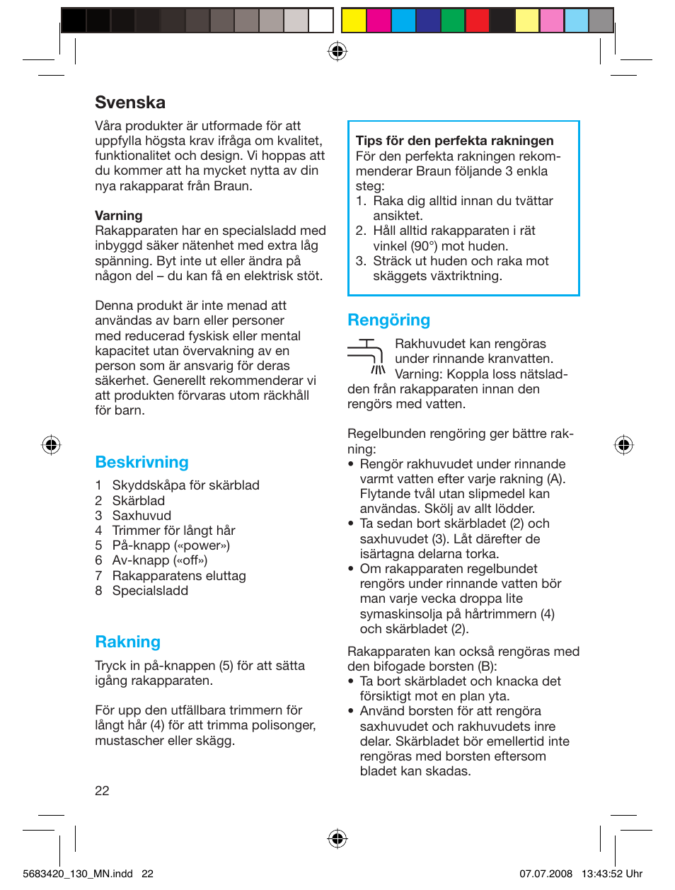 Svenska, Beskrivning, Rakning | Rengöring | Braun practica 130 User Manual | Page 22 / 30