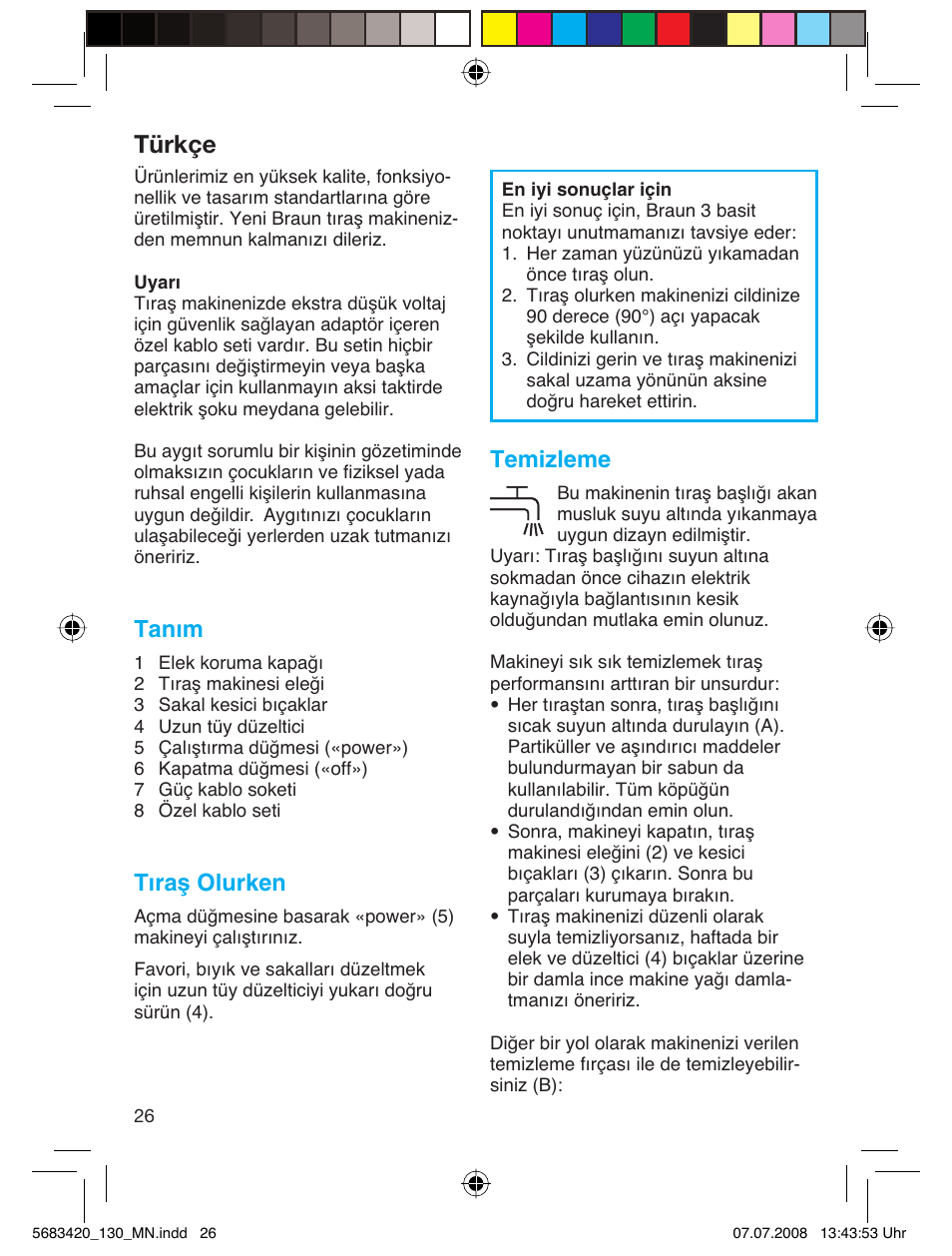 Türkçe, Tanım, Tıraş olurken | Temizleme | Braun practica 130 User Manual | Page 26 / 30