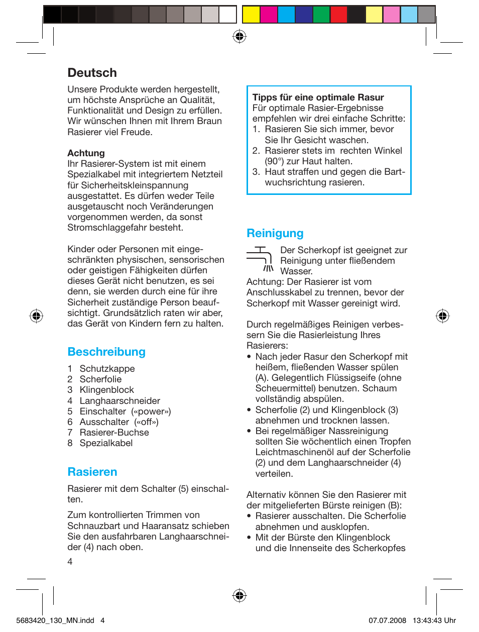 Deutsch, Beschreibung, Rasieren | Reinigung | Braun practica 130 User Manual | Page 4 / 30
