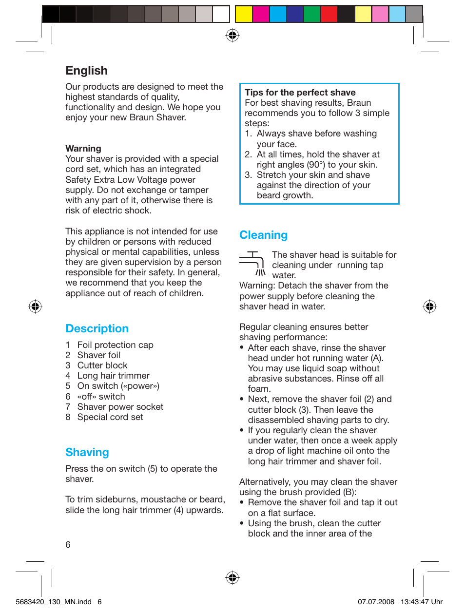 English, Description, Shaving | Cleaning | Braun practica 130 User Manual | Page 6 / 30