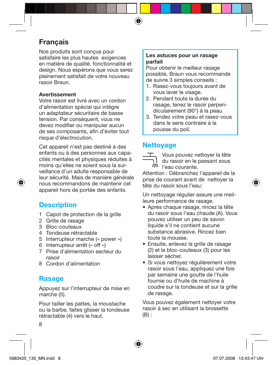 Français, Description, Rasage | Nettoyage | Braun practica 130 User Manual | Page 8 / 30