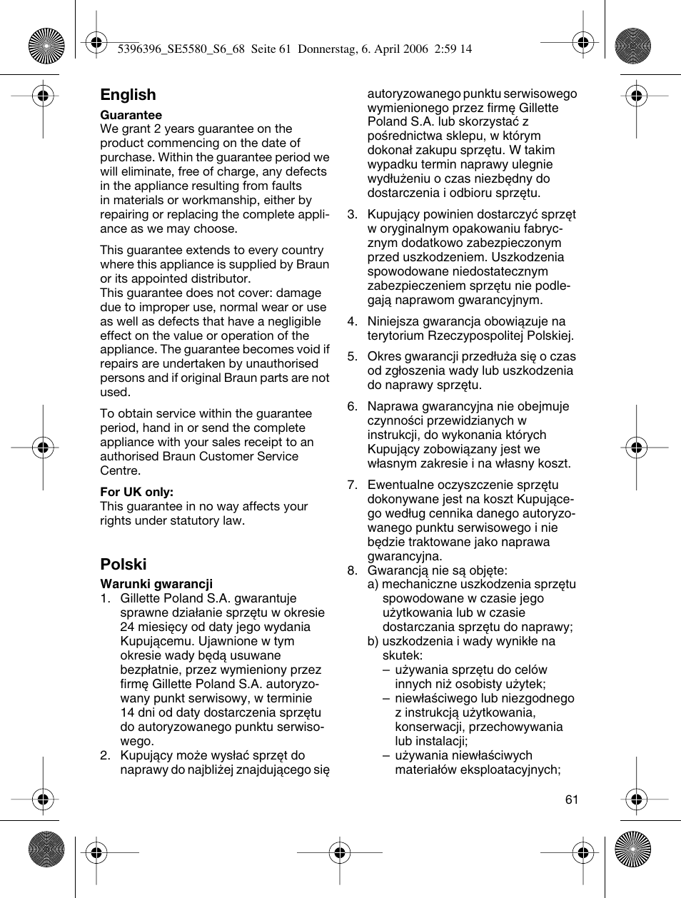 English, Polski | Braun 5680 User Manual | Page 60 / 67