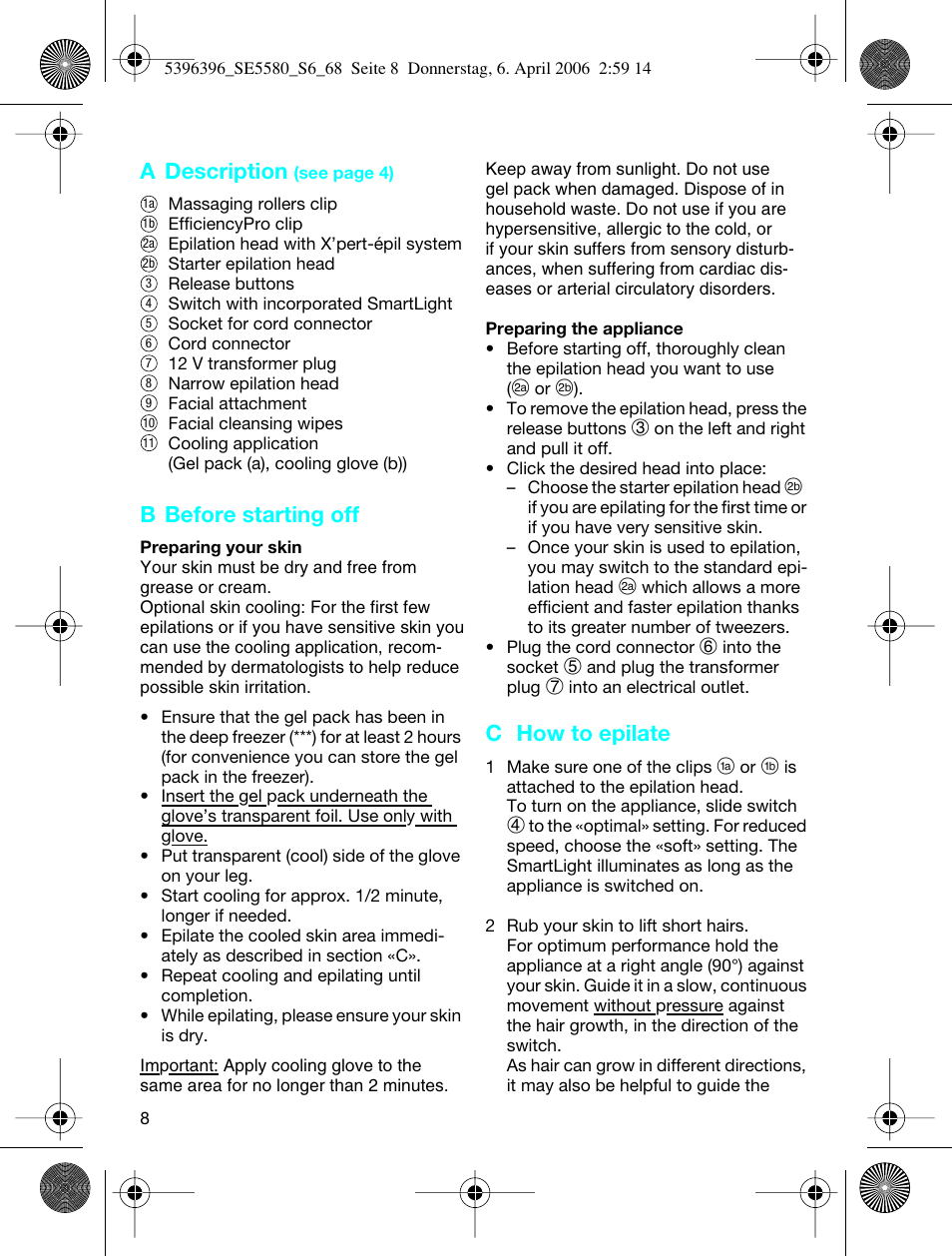 A description, B before starting off, C how to epilate | Braun 5680 User Manual | Page 7 / 67