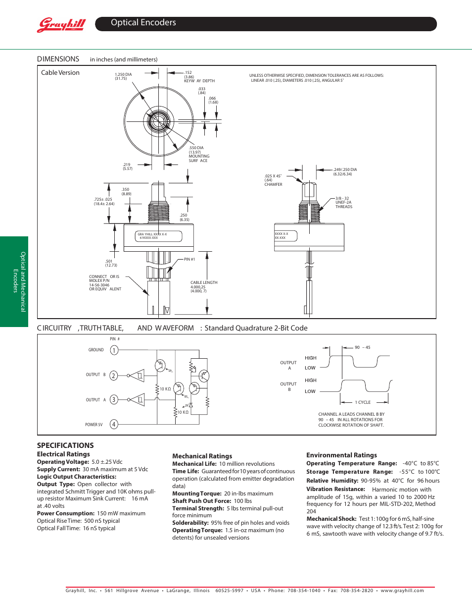 Optical encoders, Dimensions, Electrical ratings | Mechanical ratings, Environmental ratings, Cable version | Grayhill Human Interface Optical Encoders 61R Series User Manual | Page 2 / 5