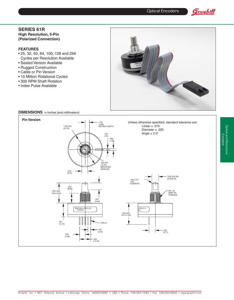 Optical encoders, Series 61r, Dimensions | Pin version, Optical and mechanical encoders | Grayhill Human Interface Optical Encoders 61R Series User Manual | Page 3 / 5