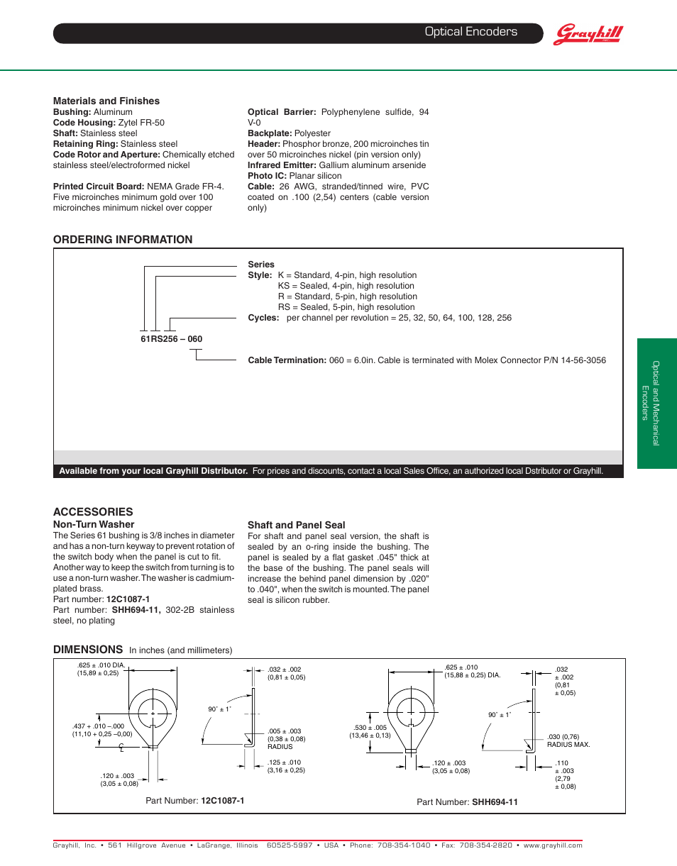 Optical encoders, Accessories, Dimensions | Ordering information | Grayhill Human Interface Optical Encoders 61R Series User Manual | Page 5 / 5